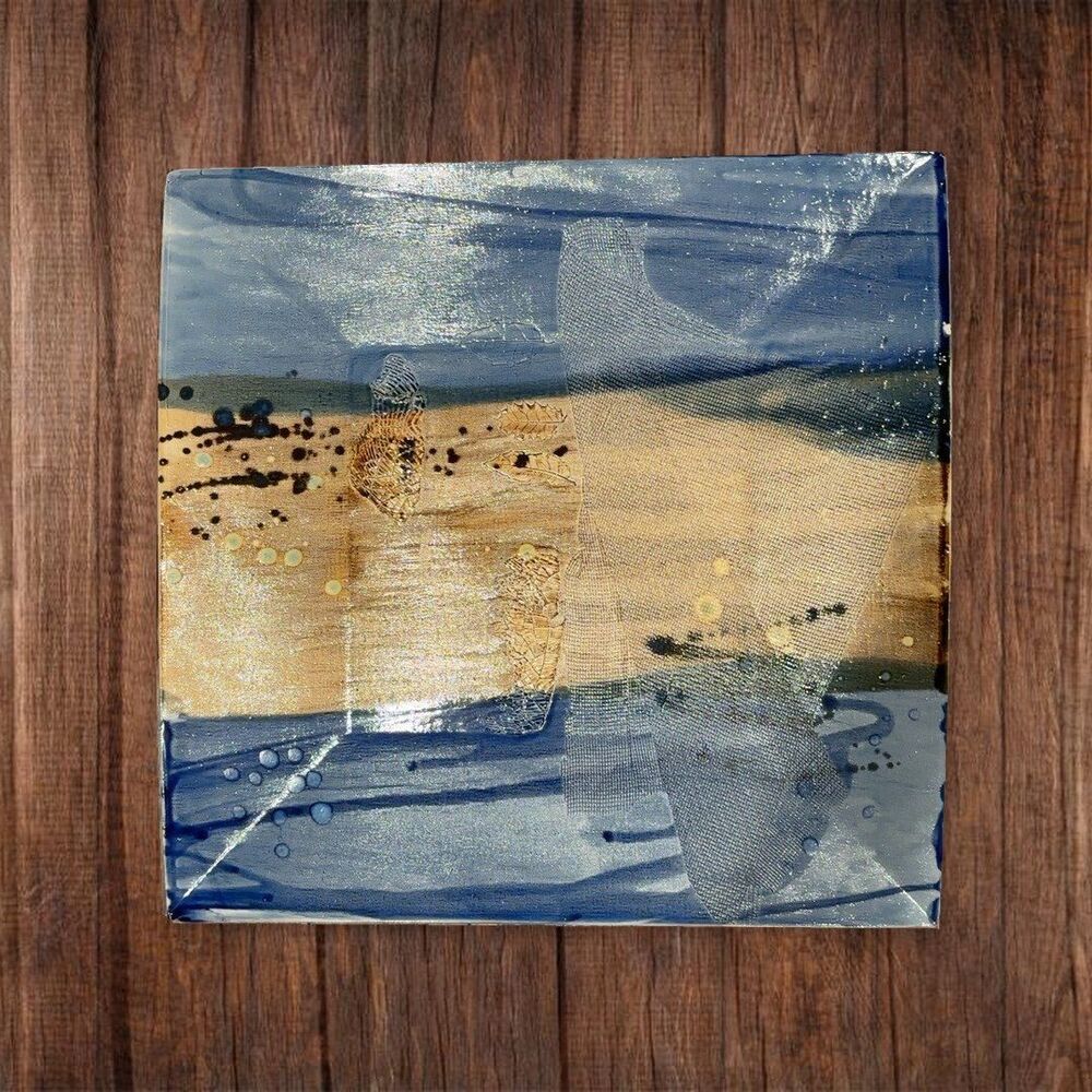 Square blue and ochre textured decorative dish abstract designs, 15 × 15.5 in.